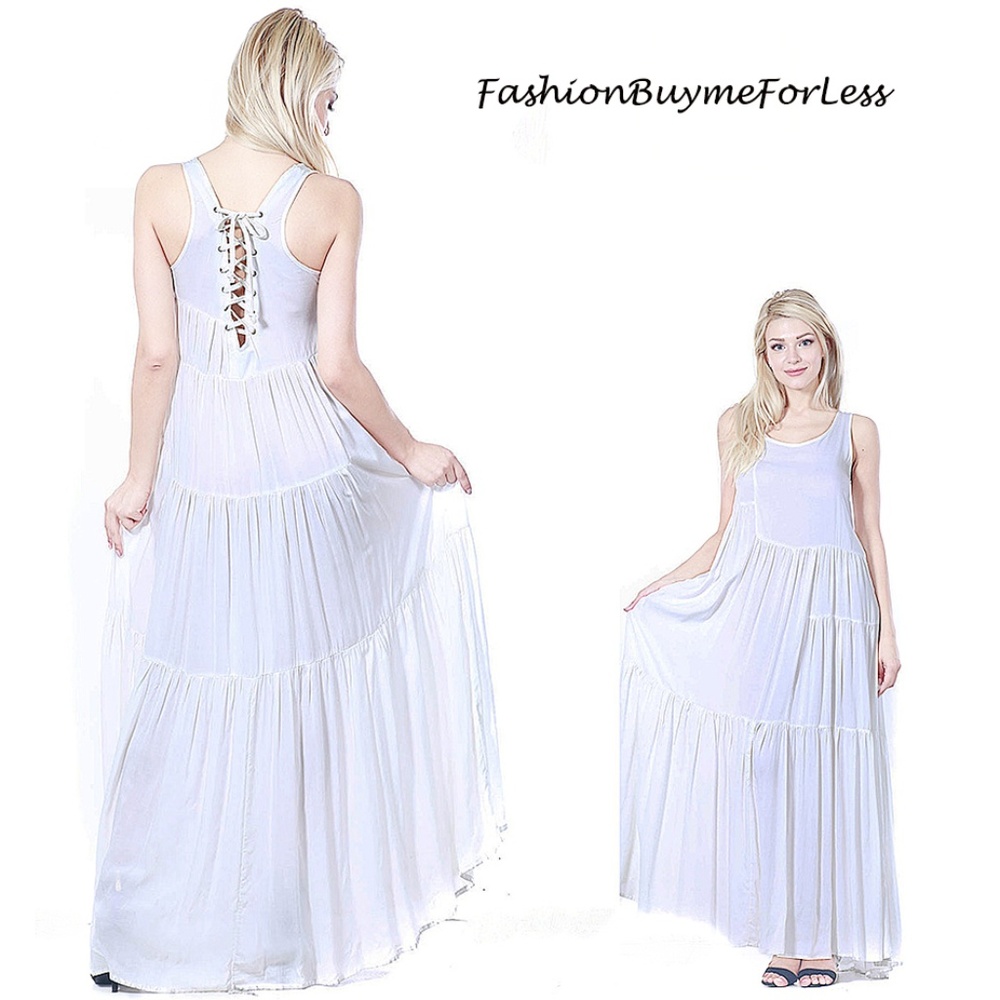Ivory BOHO Gypsy Frilled Tiers Tie Back Maxi Dress